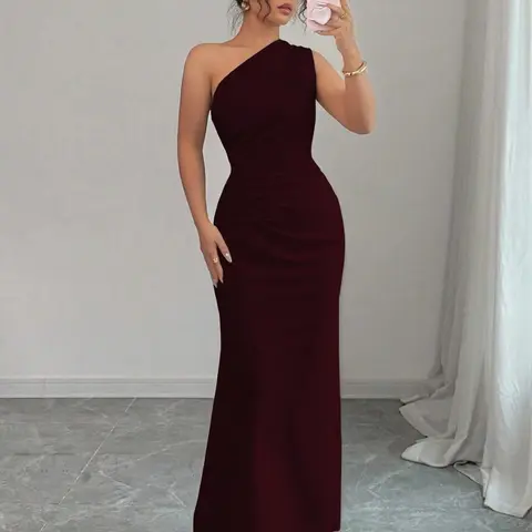 Burgundy One Shoulder Ruched Mermaid Long Dress for Women, Elegant Bodycon Fit Dress Formal Gown Formal Wear for Graduation Proms, Wedding Guests, Evening Events, Elegant Party Wear, Elegant Party Dresses