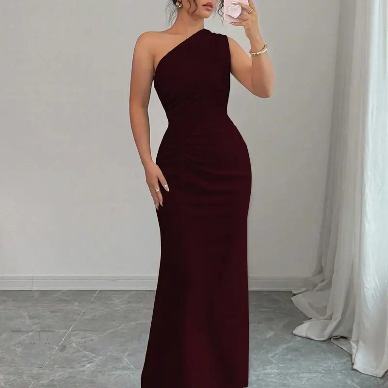 Burgundy One Shoulder Ruched Mermaid Long Dress for Women, Elegant Bodycon Fit Dress Formal Gown Formal Wear for Graduation Proms, Wedding Guests, Evening Events, Elegant Party Wear, Elegant Party Dresses