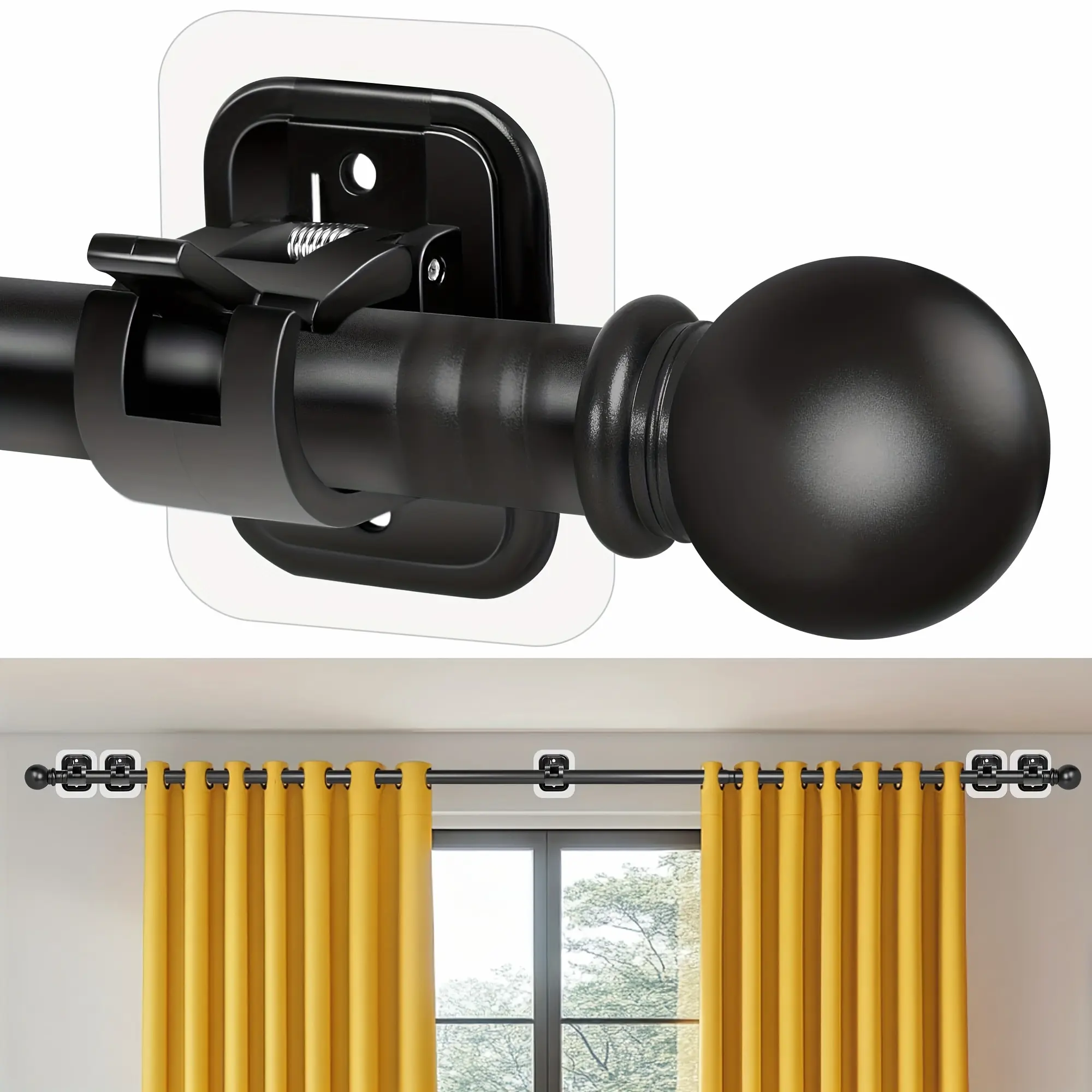 Curtain Rods No Drilling For Windows Set 32 To 120-128 Inch, Renter Friendly Drapey Pole With 5pcs No Drill Curtain Rod Brackets, Outdoor Long Cortineros Para Ventanas With Adhesive Curtain Rod Holder
