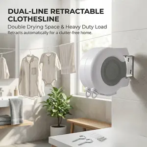 Dual-line retractable clothesline, wall-mounted with strong load-bearing capacity. Featuring double lines and automatic retraction, it works both indoors and outdoors, an ideal space-saving drying tool.