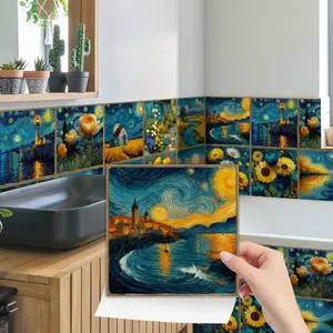 24PCS/Box NHZ Van Gogh Art Masterpiece Artistic Tile Stickers | Crystal Film Peel & Stick DIY Backsplash Room Decor | Waterproof Oil-Proof for Kitchen/Bathroom/Furniture/Stairs/Wall Renovation