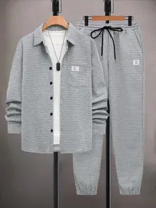 Men's Light Gray Waffle Knit 2-Piece Loungewear Set - Long Sleeve Button-Up Shirt with Chest Pocket & Drawstring Jogger Pants, Soft Breathable Fabric, Relaxed Fit for At-Home Lounging, Lazy Weekends & Casual Outings, Adjustable Pants, Matching Sets