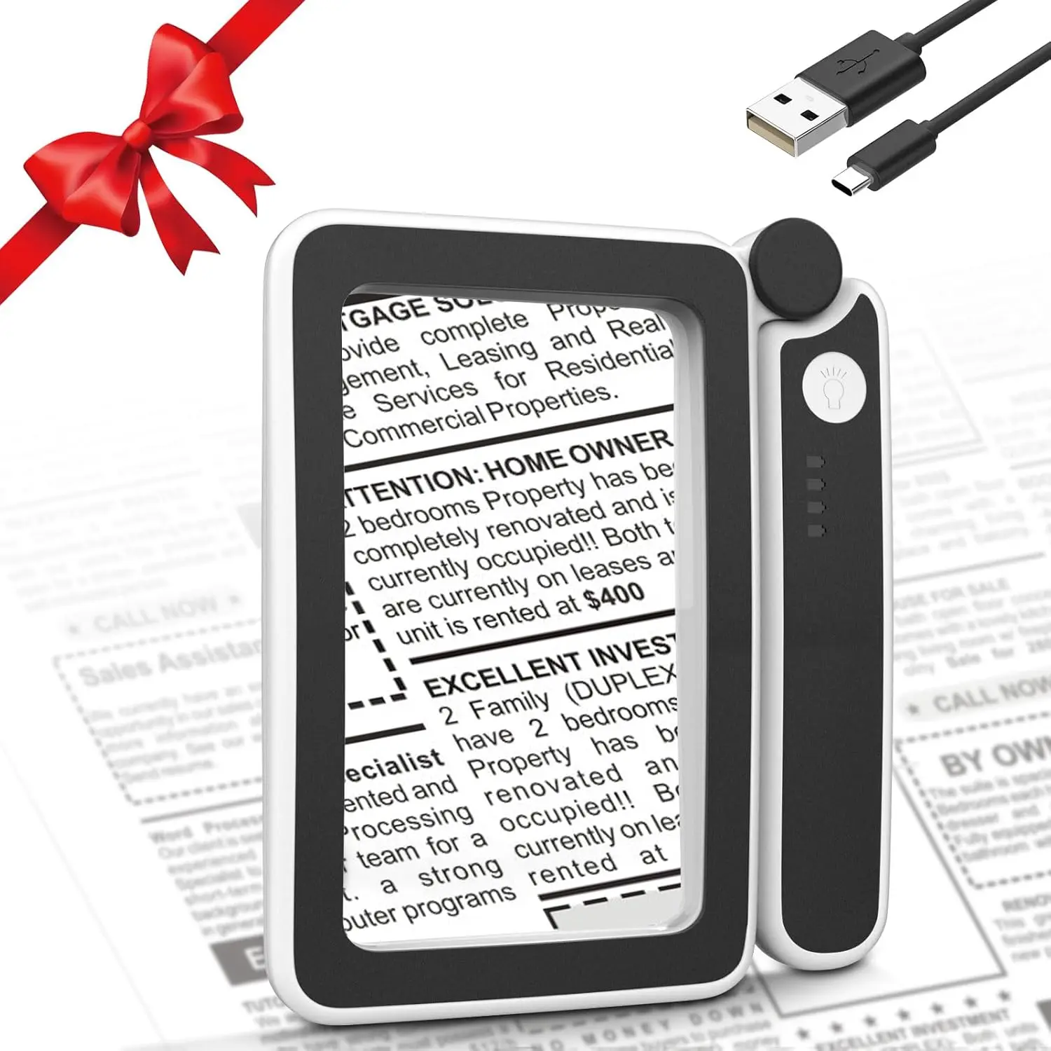 MoKo Acrylic Lens Magnifying Glass Reading Aid, Rechargeable 4X Full Page Book Magnifier with 3-Mode Light, Folding Handle Handheld Magnifier with Touch Button for Seniors, Black