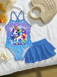 Girls' Dream Unicorn Swimsuit Set, Colorful Flower Crown Butterfly Print, Summer Beachwear Two-Piece, Slim-Fitting Boho Style