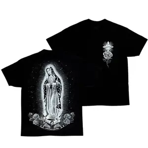 FEEGO Chicano Mexico Mom Virgin Mary Shirt Mens Black Mexican Jesus Christ God Vintage Graphic Tee Pure Cotton Short Sleeve T-Shirt