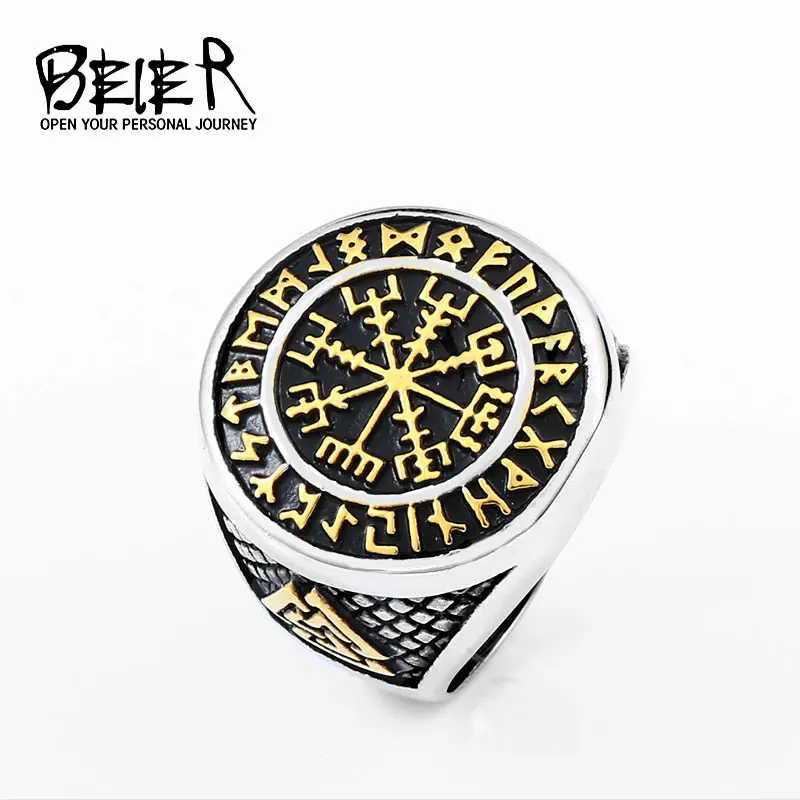 Men's Beier Nordic Viking Letters Stainless Steel Ring, 18g, 23mm Height, 24mm Size, European-American Style Personality Jewelry, Delivery Guarantee, 18 Grams