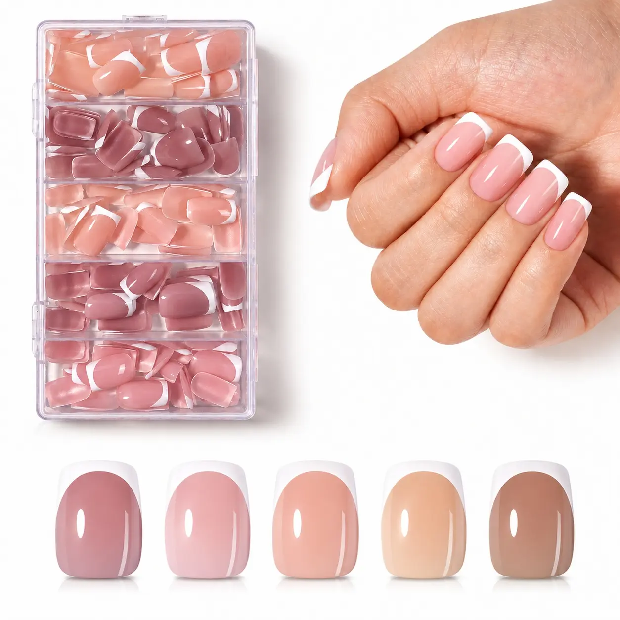 AILLSA Pre-Sealed Gloosy Press On Nails Short Square, 5 Shades French Nails Collection, Glossy & Matte Finish Natural Fake Nails, Clean Girl Minimalist Gel Look Nails, Easy DIY Salon Quality Manicure Kit