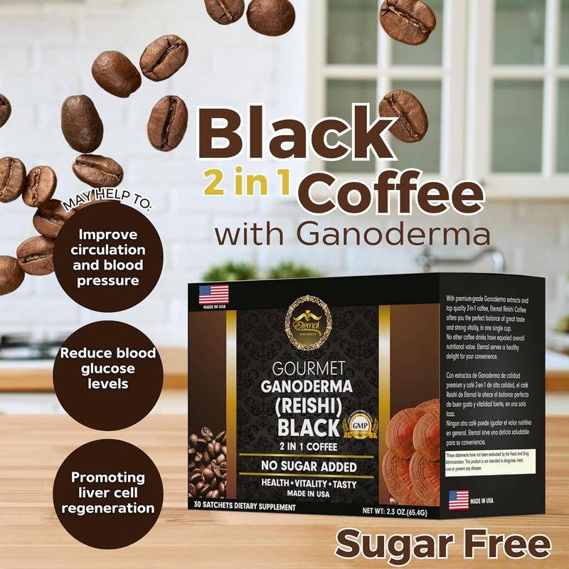 Eternal Gourmet Ganoderma (REISHI) Black Coffee 2 in 1 Made in USA Cafe Negro con Ganoderma Eternal Beverage Nata de ganoderma (Pack of 6)