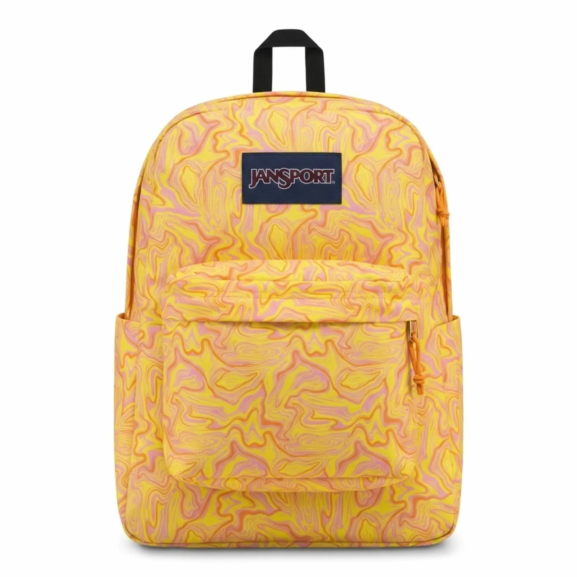 JanSport SuperBreak Backpack - Yellow Pink Psychedelic Swirl Print, Durable Lightweight Bookbag with Water Bottle Pocket, Retro Marble Pattern School Bag