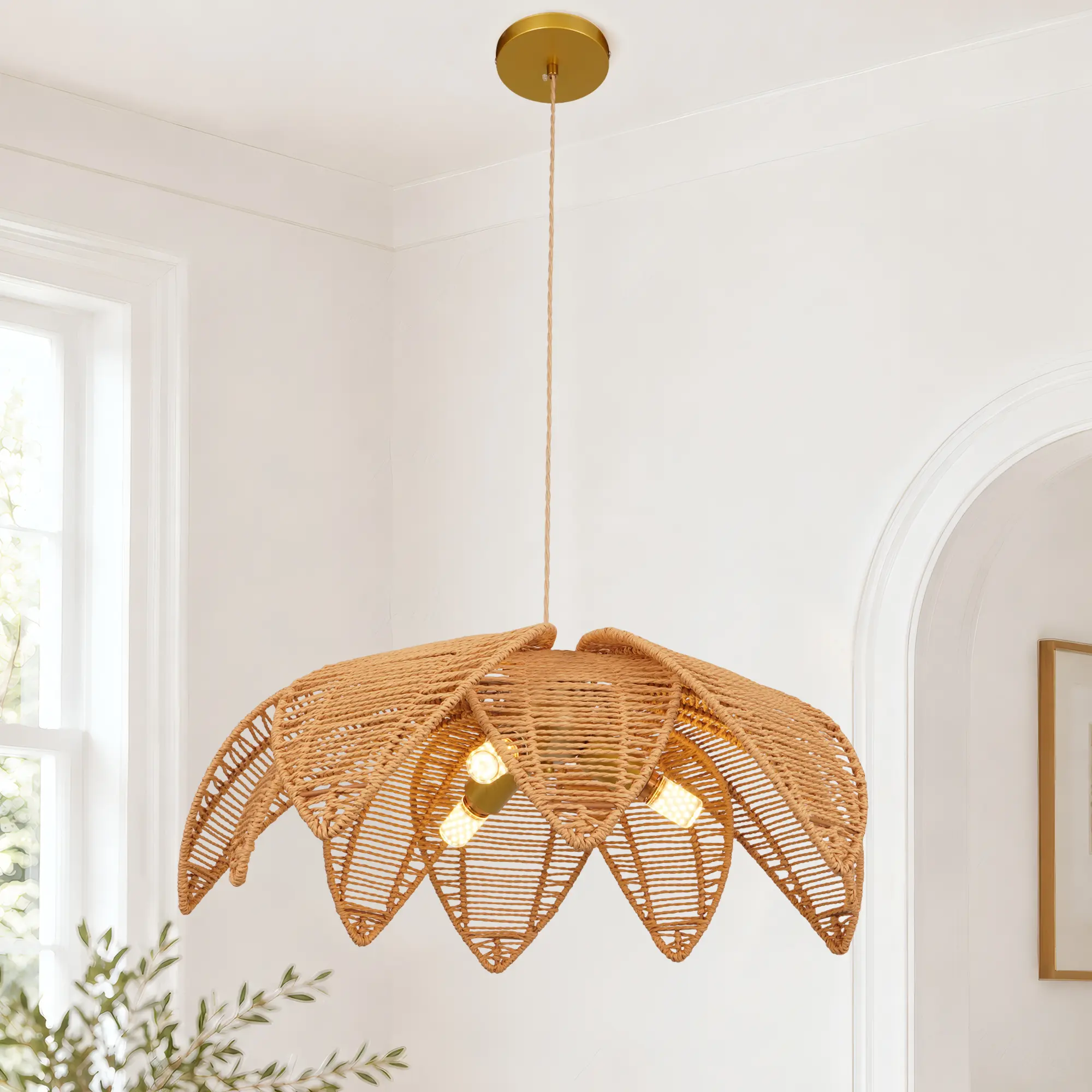 Boho Leaf Shape Rattan Pendant Light - 22.8in Brass Finish Adjustable Cord Hanging Lamp, 3×E26 Warm LED Ceiling Fixture for Kitchen Island, Farmhouse