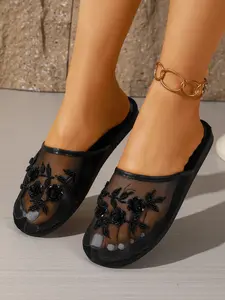 Women's Bright Mesh Slippers, Handmade Sequin & Beaded Floral Embroidery, Breathable Lightweight Indoor Shoes, Silent Non-Slip Bedroom Slippers for Summer