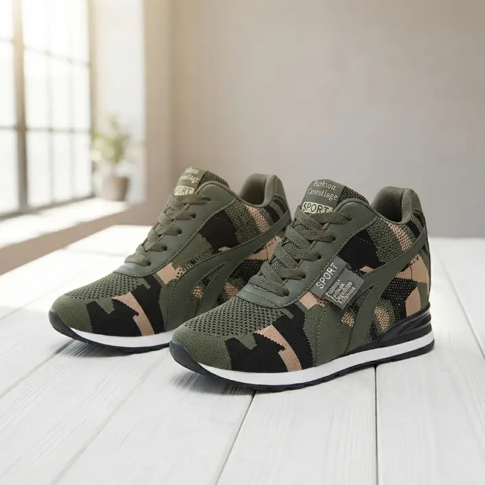 Women's Camo Print Wedge Sneakers, Lightweight Breathable Lace-up Platform for Outdoor Wear & All Day Comfort, Statement Shoes, All Day Wear, Aesthetic, Fabric