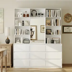 FUFU&GAGA 78.5"H White 9-Drawer Dresser with Open Bookshelf & Central Mirror, Modern Bedroom Tall Storage Chest Organizer Cabinet