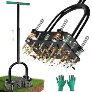Adjustable Lawn Aerator Tool with Rebound Spring - 16  Metal Spikes Soil Aerator with  T-Handle & Wide Foot Plate, Heavy Duty Yard Lawn Aerator for Garden Lawn Care