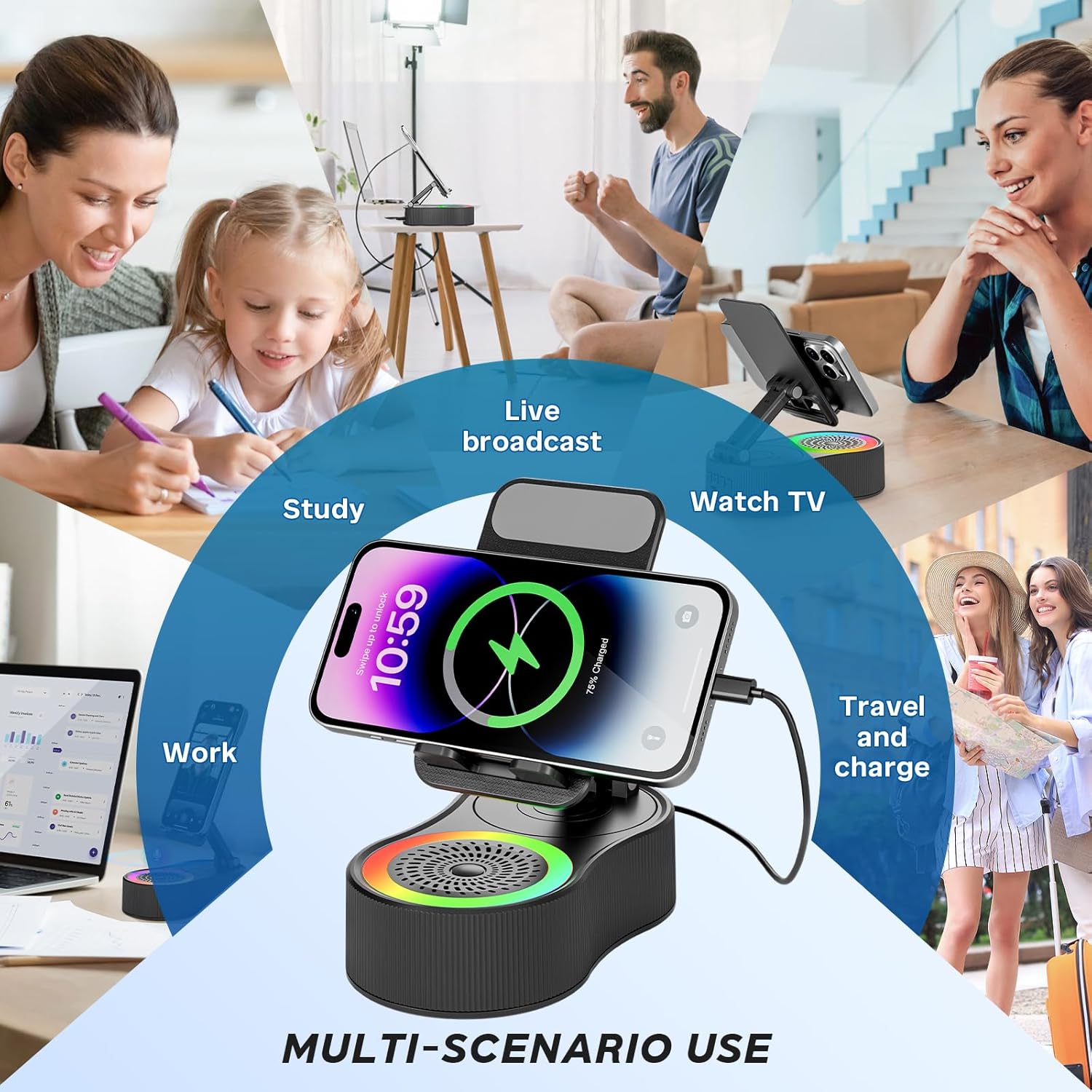 Wireless Charger Bluetooth Speaker, 5-in-1 Foldable Magnetic Phone Holder Stand with 4000mAh Power Bank & Adjustable Ambient Light – Hands-Free Speaker for iPhone Samsung Android Tablet, Car Desk Travel Essential, Gift for Men Women Wireless Charger Bluetooth Speaker, 5-in-1 Foldable Magnetic Phone Holder Stand with 4000mAh Power Bank & Adjustable Ambient Light – Hands-Free Speaker for iPhone Samsung Android Tablet, Car Desk Travel Essential, Gift for Men Women