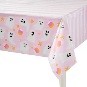 Pink Halloween Ghosts & Candy Corn Disposable Plastic Tablecloth, 108" x 54"