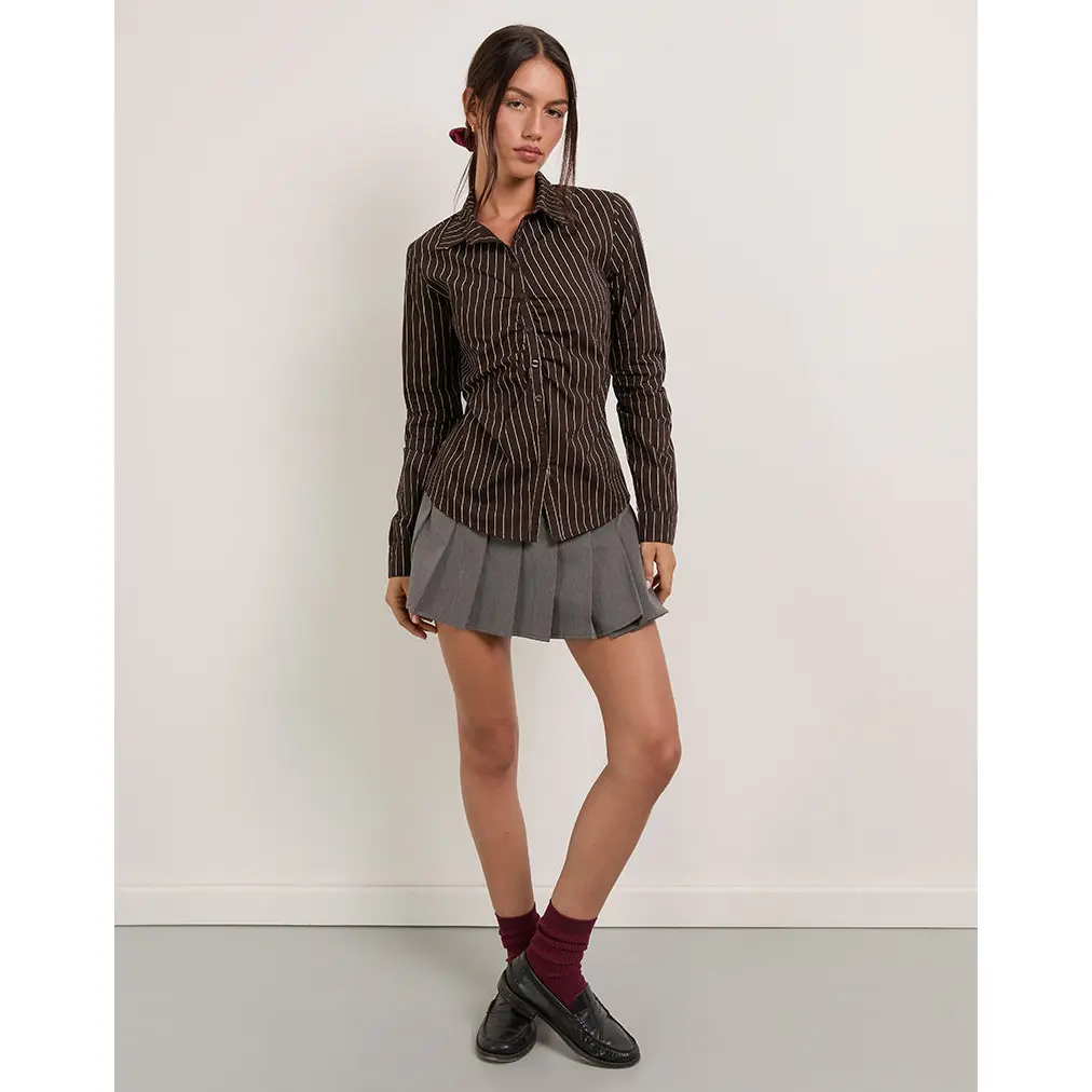 Tarsi Fitted Shirt in Mono Pinstripe Chocolate