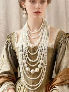 Handmade Complex Exaggerated Multi-Layer Vintage Palace Style Pearl Necklace Earrings Set, Unique Handcrafted Jewelry for Women
