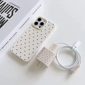 5-Piece Set Retro Leather Texture Case, Simple Dot Pattern, Charger Head Cover, Cable Protector, Storage Rope, Fits iPhone 11-16 Series, Accessories