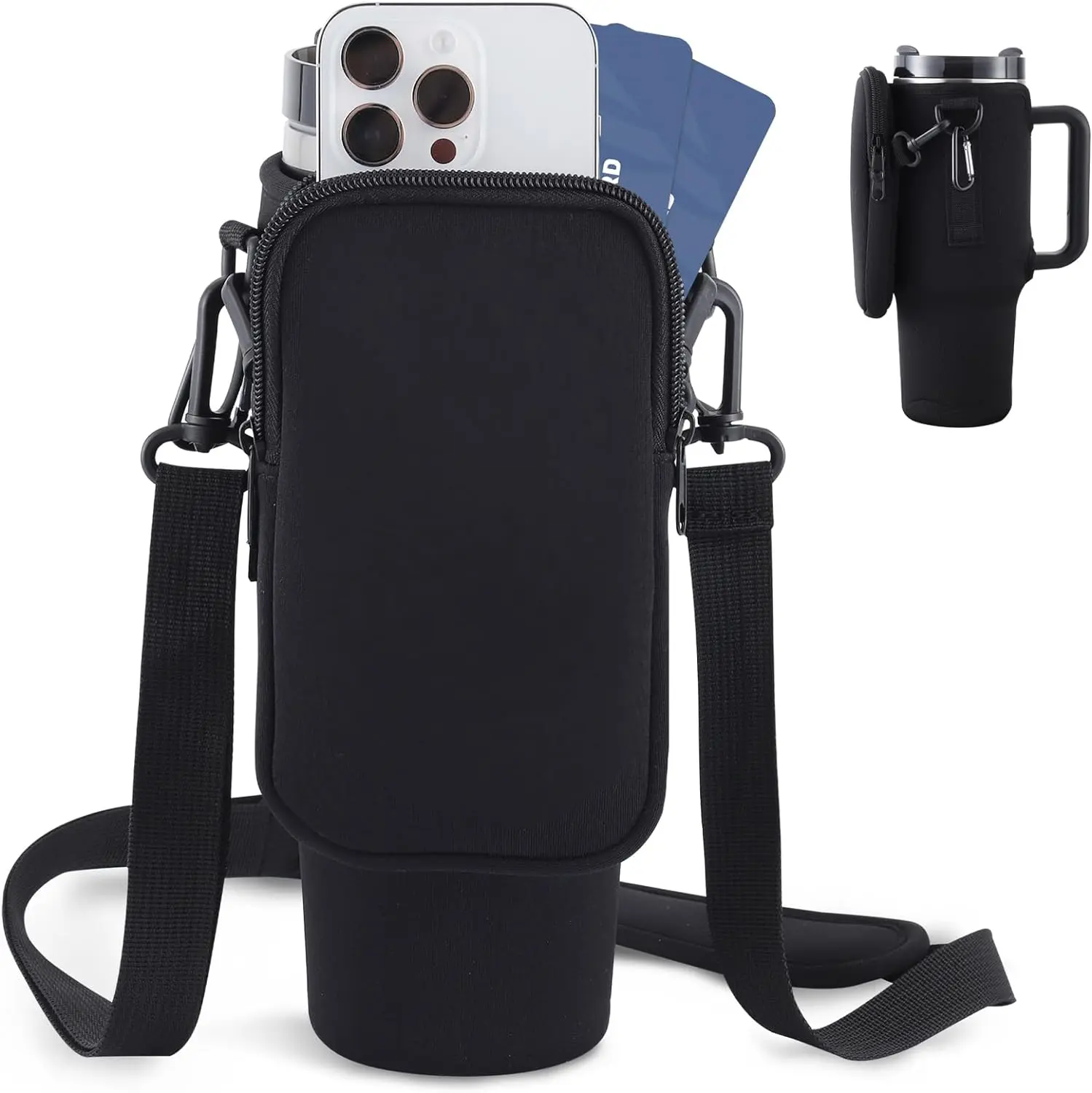 40oz Water Bottle Carrier Bag with Adjustable Shoulder Strap | Neoprene Tumbler Sleeve with Phone Pocket | Hands-Free Bottle Holder for Travel, Hiking & Gym