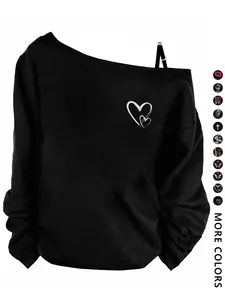 Women's Casual Off-Shoulder Long Sleeve T-Shirt Top Womenswear with Double Heart Print, Stylish Streetwear, Perfect for Parties and Gifts, Available in and Multiple Patterns