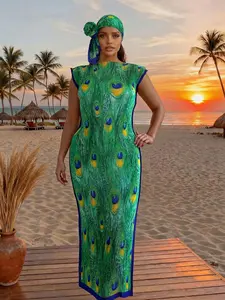 Elegant Ruffled Bodycon Moo Moo Long Dress Set, Horse Print Robe Hooded Shawl + Long Silk Scarf, Women's Beach Sun Protection Wrap, Slim