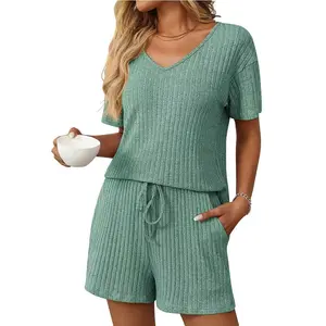 Women’s Ribbed 2 Piece Lounge Set Short Sleeve Top & Shorts Matching Set for Casual Summer Outfits Soft Knit Fabric with Pockets Summ,2 piece setserVibes Womenswear Clothes, Women's Clothes, 2 Piece Sets,