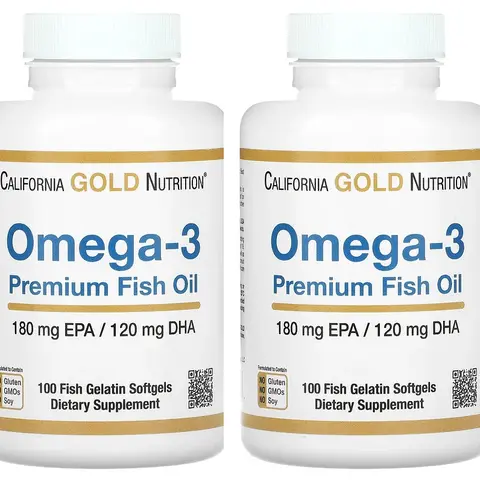 California Gold Nutrition Omega-3, Premium Fish Oil, 180 mg EPA / 120 mg DHA Concentrated Triglyceride Form, 100 Fish Gelatin Softgels (2 Pack)