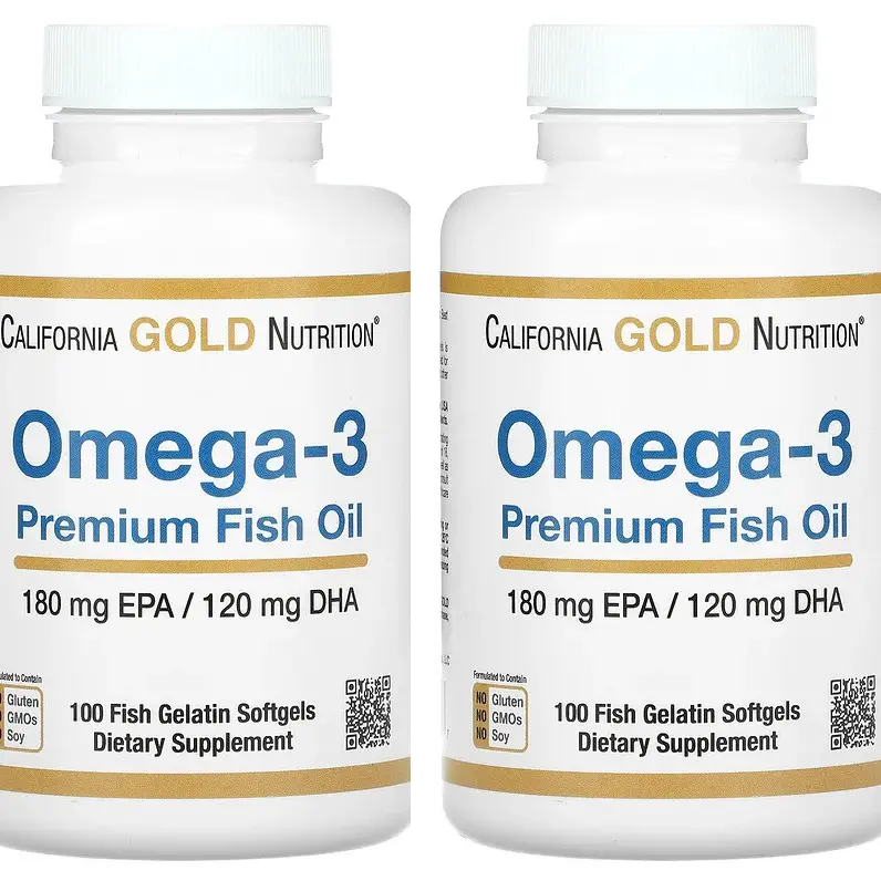 California Gold Nutrition Omega-3, Premium Fish Oil, 180 mg EPA / 120 mg DHA Concentrated Triglyceride Form, 100 Fish Gelatin Softgels (2 Pack)