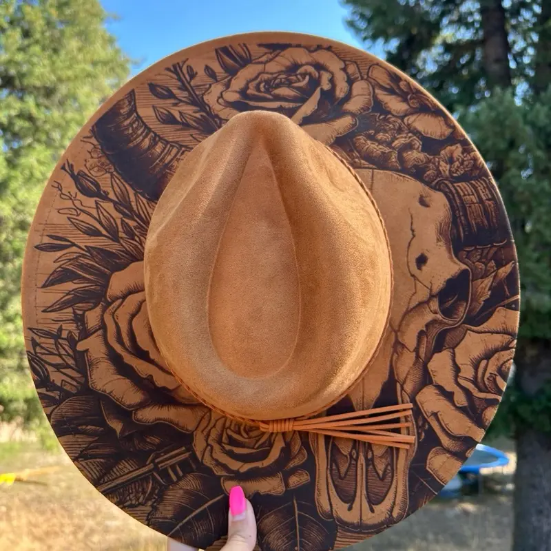 Longhorn Skull Engraved Fedora Hat with Detailed Floral Design and Tassel Accents