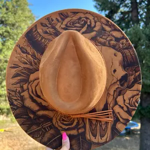 Longhorn Skull Engraved Fedora Hat with Detailed Floral Design and Tassel Accents