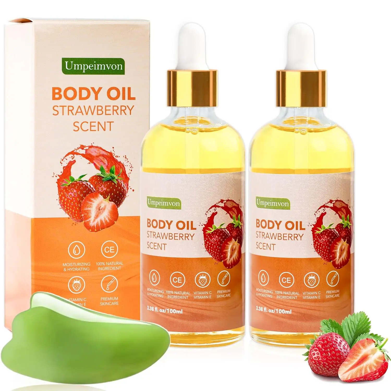 2 Pack Strawberry Body Oil 3.38 fl oz | After Shower Dry Body Oil with Vitamin C & E – Scented Gua Sha Massage Oil for Women, Hydrating Juice Oil for Smooth, Glowing Skin