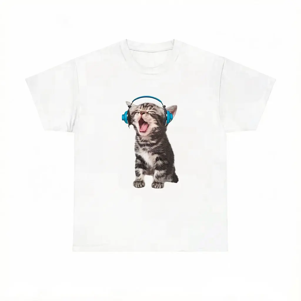Y2K Headphones Cat T-Shirt, Silly Cat Meme Tee, Unisex Graphic Tees Gothic Grunge Y2k Emo Scene Amity Affliction Style Clothes Men Women Streetwear