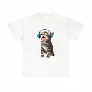 Y2K Headphones Cat T-Shirt, Silly Cat Meme Tee, Unisex Graphic Tees Gothic Grunge Y2k Emo Scene Amity Affliction Style Clothes Men Women Streetwear
