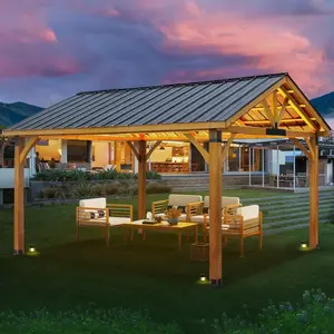 AECOJOY 14ft x 12ft Hard-Top Gazebo, Cedar Frame Wood Gazebo, Arlington Polycarbonate Pyramid Hip Roof Outdoor Patio Lounge