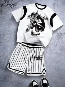 Men's Gothic Cross Graphic Print Two-Piece Set Outfit, Colorblock Fitted T-Shirt Tee & Striped Shorts, Trendy Y2K Streetwear for Daily, Casual Hip Hop Style