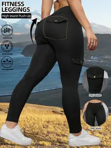 1pc Women's Outdoor Skinny Cargo Pants With Pockets, Casual Cycling Workout High Waist Yoga Solid Color Plain Pocket Leggings Black Spring Tight Fitting Pants