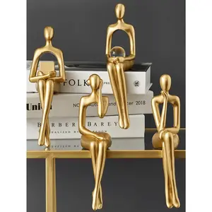 Gold Abstract Bookshelf Figures, 4 Pieces Gold Abstract Sitting Sculptures, Resin Gold Decorative Thinker Abstract Art Sculptures For Bookshelf Office Living Room Desktop Decoration (4 Pieces)