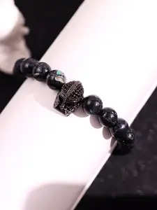 Pair of stylish, minimalist, luxurious, unique, cool, and refined bracelets featuring a Spartan helmet design and volcano stone beads for men—ideal for everyday wear, holidays, parties, and streetwear jewelry.