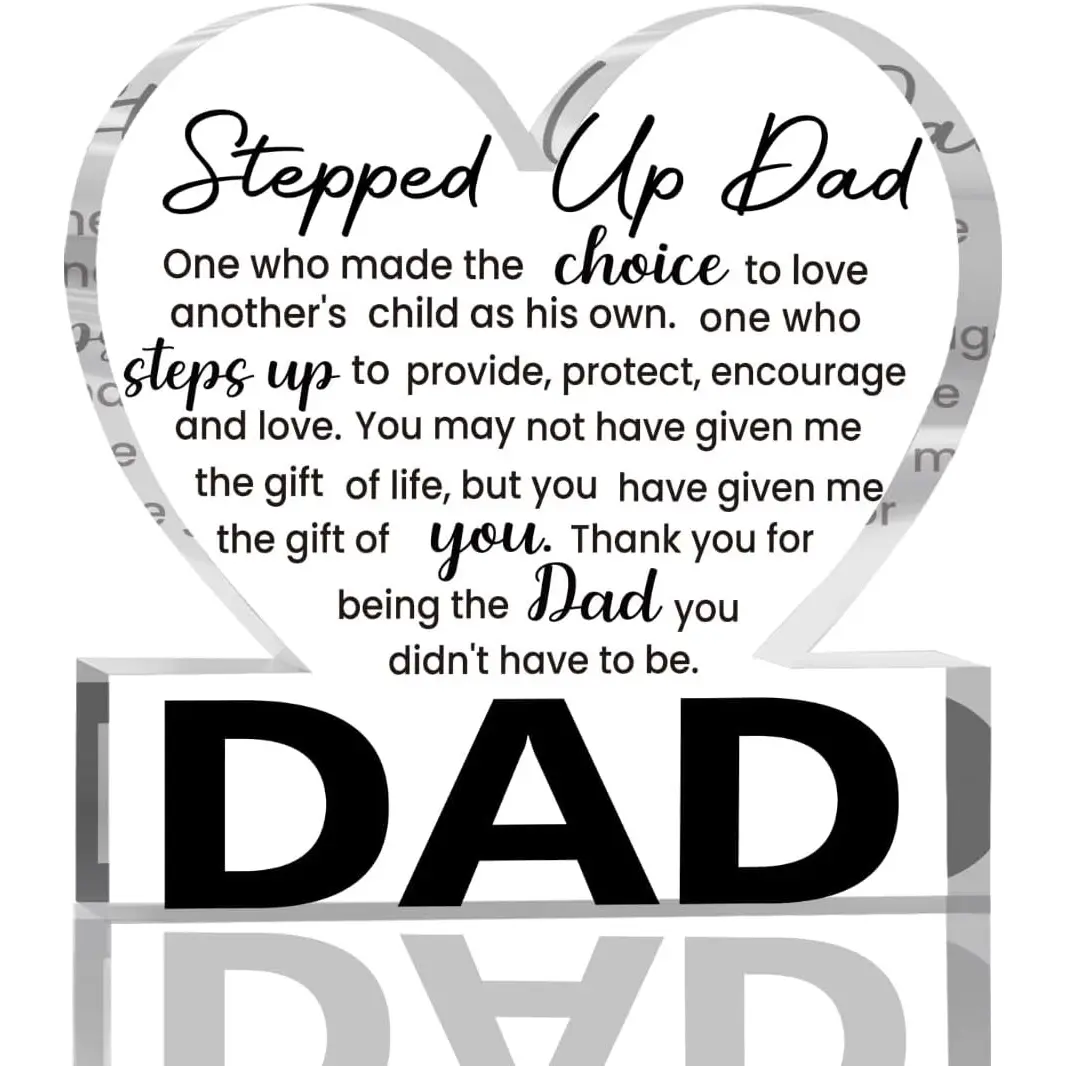 Bonus Dad Gifts from Daughter Son - Heart Shaped Acrylic Plaque Desk Decor - Unique Step Dad Father's Day Birthday Gift Ideas, Meaningful Stepfather Thanksgiving Keepsake, Office Home Sign