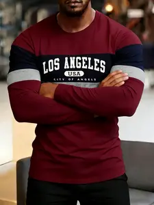 Men's casual fashion long-sleeve crew neck T-shirt with Los Angeles, USA graphic print, color-block stripe design, soft and comfortable fabric, perfect for everyday casual wear, street style, or date outfits