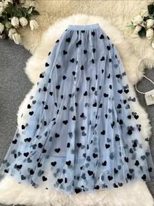 Women's Elegant Patchwork Mesh Skirt, Elastic Waist Heart Dot Lace Skirt, Casual Party Commute Long A-Line Skirt