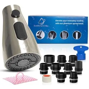 Kitchen Faucet Head Replacement – Pull-Down Sprayer for Moen, Delta & American Standard | 3-Mode Sink Faucet Spray Head with 9 Adapters, Brushed Nickel, Kitchen Sink Sprayer Replacement.