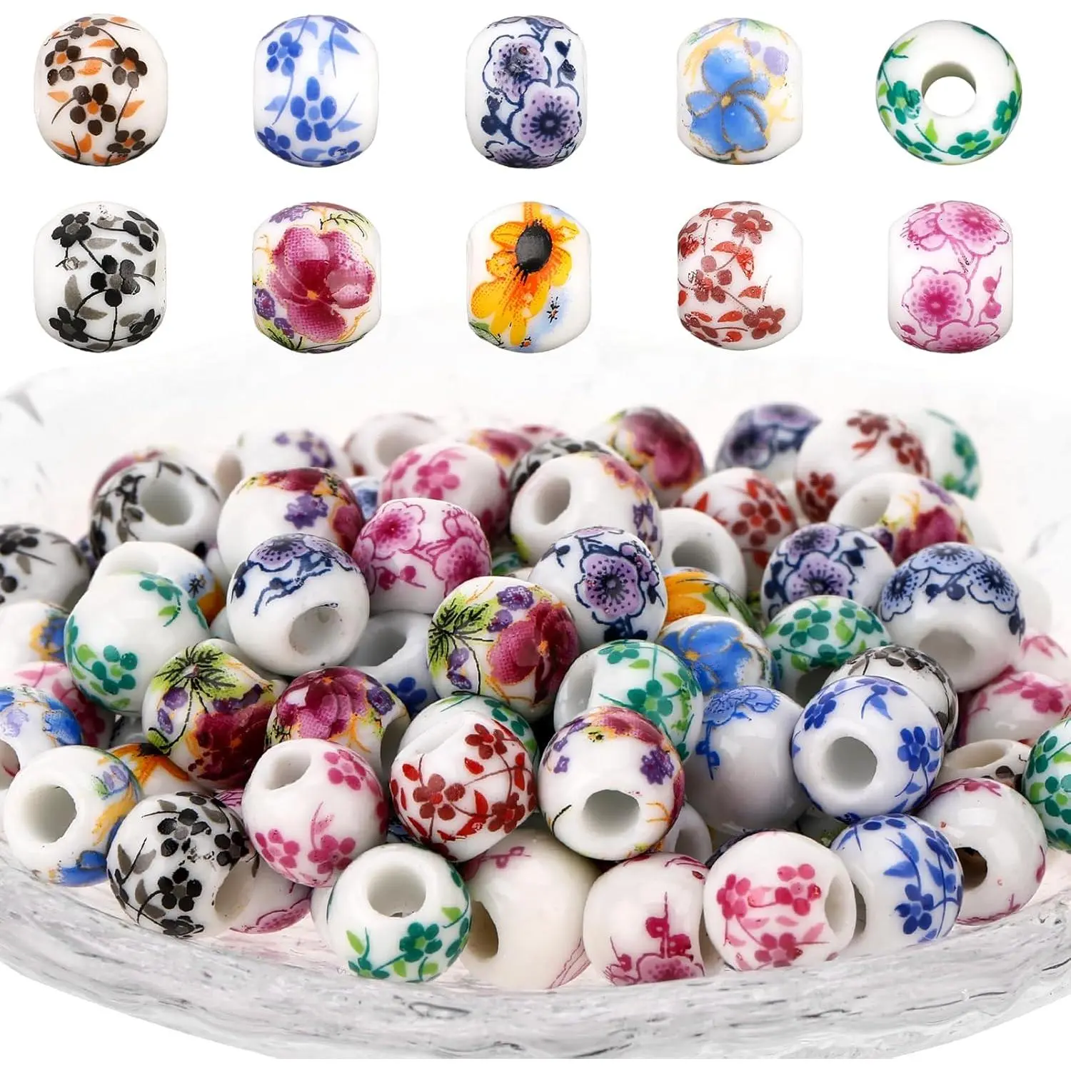 Ceramic Beads, 100 count Round Porcelain Beads 8 mm Multicolor Flower Printed Spacer Beads  Porcelain Craft Beading Kit for  Making Supplies DIY Crafts Bracelets Necklace