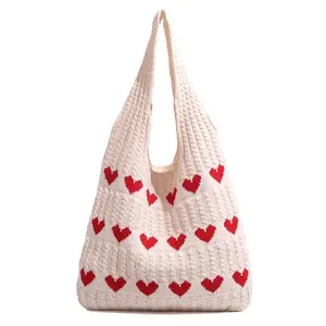Crochet Tote Bags for Women - Cute Heart Shaped Knit Shoulder Bag Cutecore Accessories Aesthetic Handbag Beach Hobo Bag
