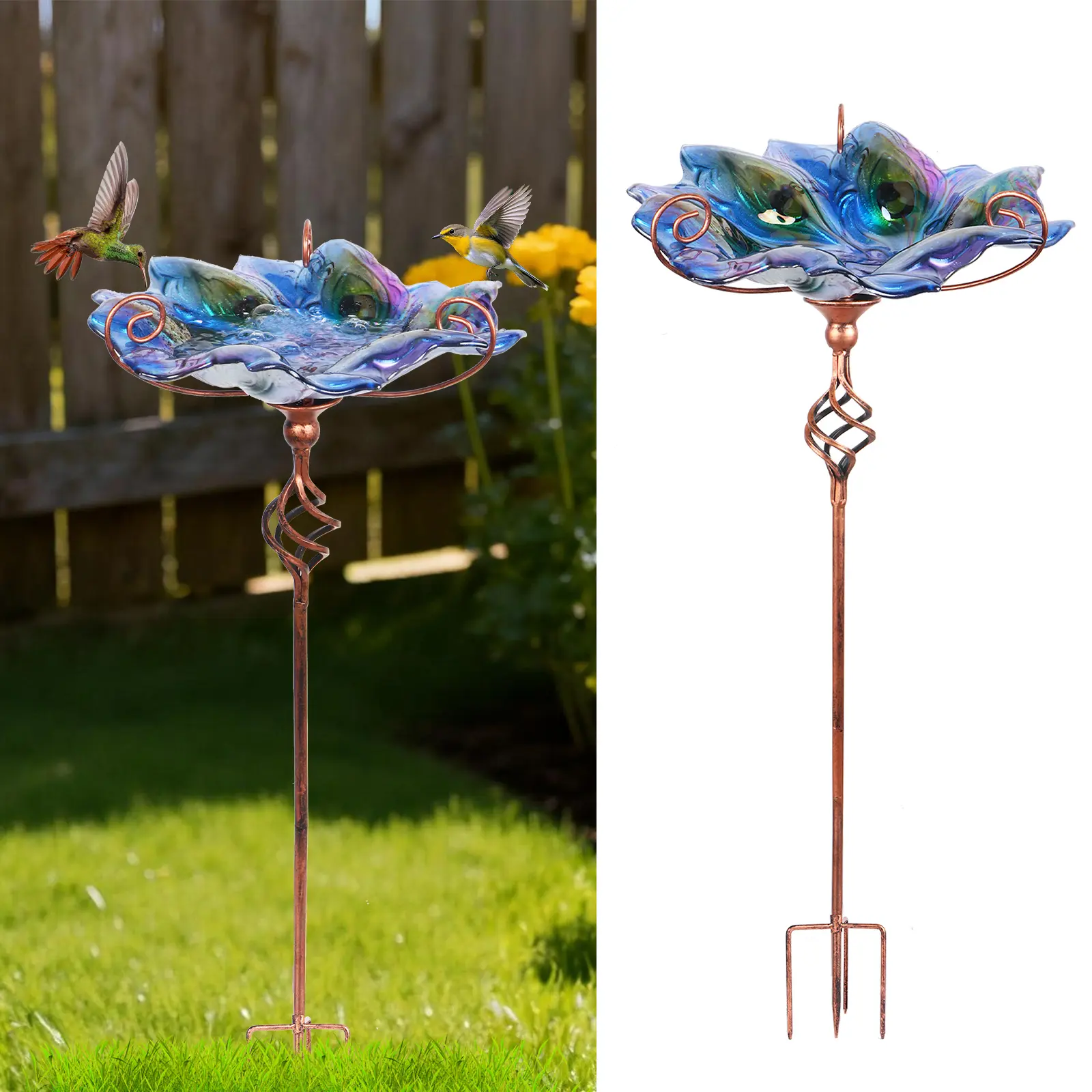 MUMTOP 12-Inch Glass Bird Bath - Outdoor Garden Ornament with Metal Stake, Peacock-Themed Birdfeeder, Weather-Resistant Oasis for Wildlife, Hummingbirds, Home Improvement