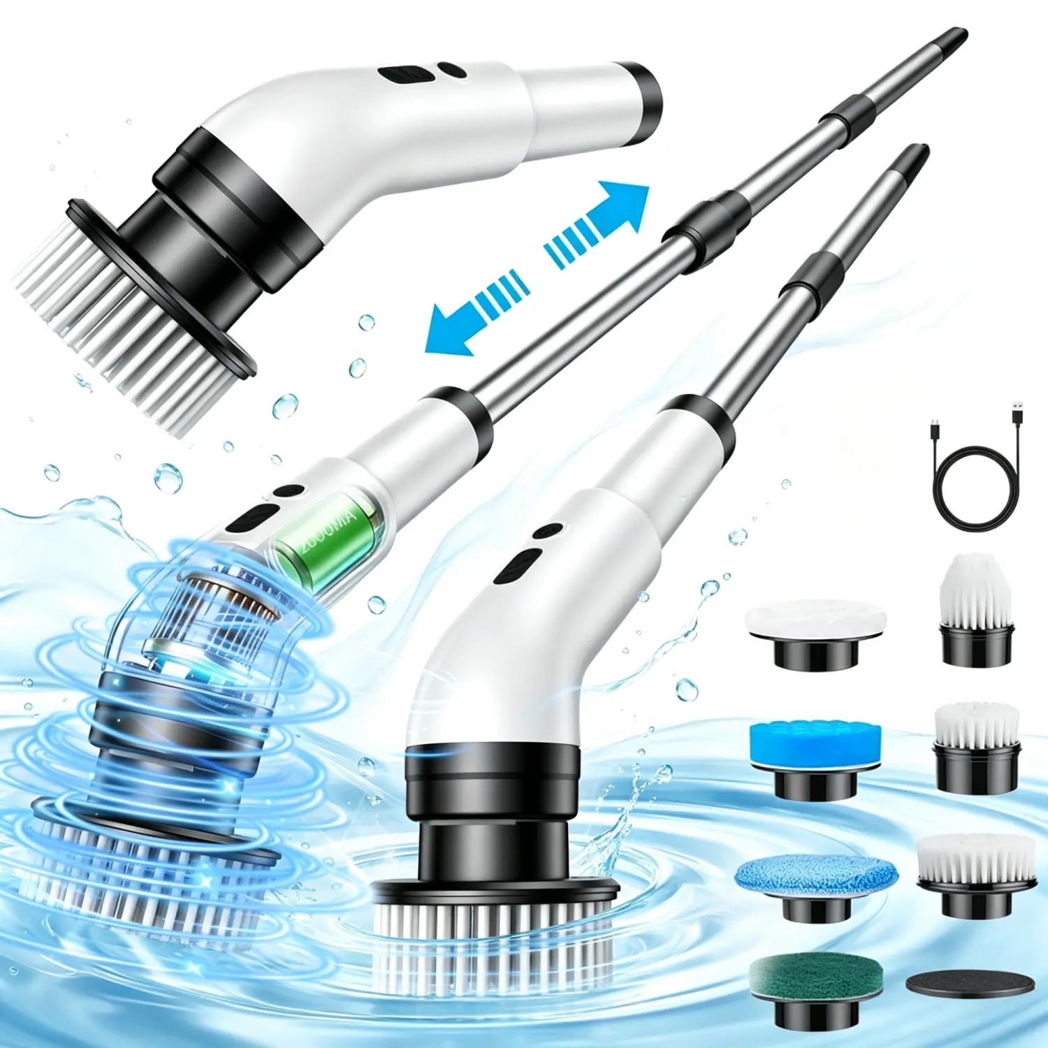 Electric Cleaning Brush Dual-Speed Rotating Scrubber USB Rechargeable, 8 Brush Heads, 2H Dual-Speed Telescopic Handle, Deep Clean Shower Bathtub Tile Floor Kitchen Toilet Car Carpet, 8in1 Multi Accessories, Halloween Christmas Gift