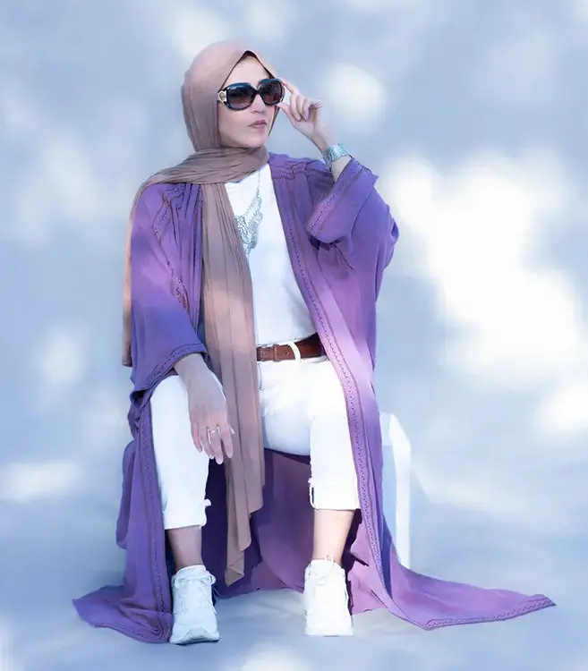 Purple Soft Linen Open Abaya with Embroidery: Long Women Cardigan