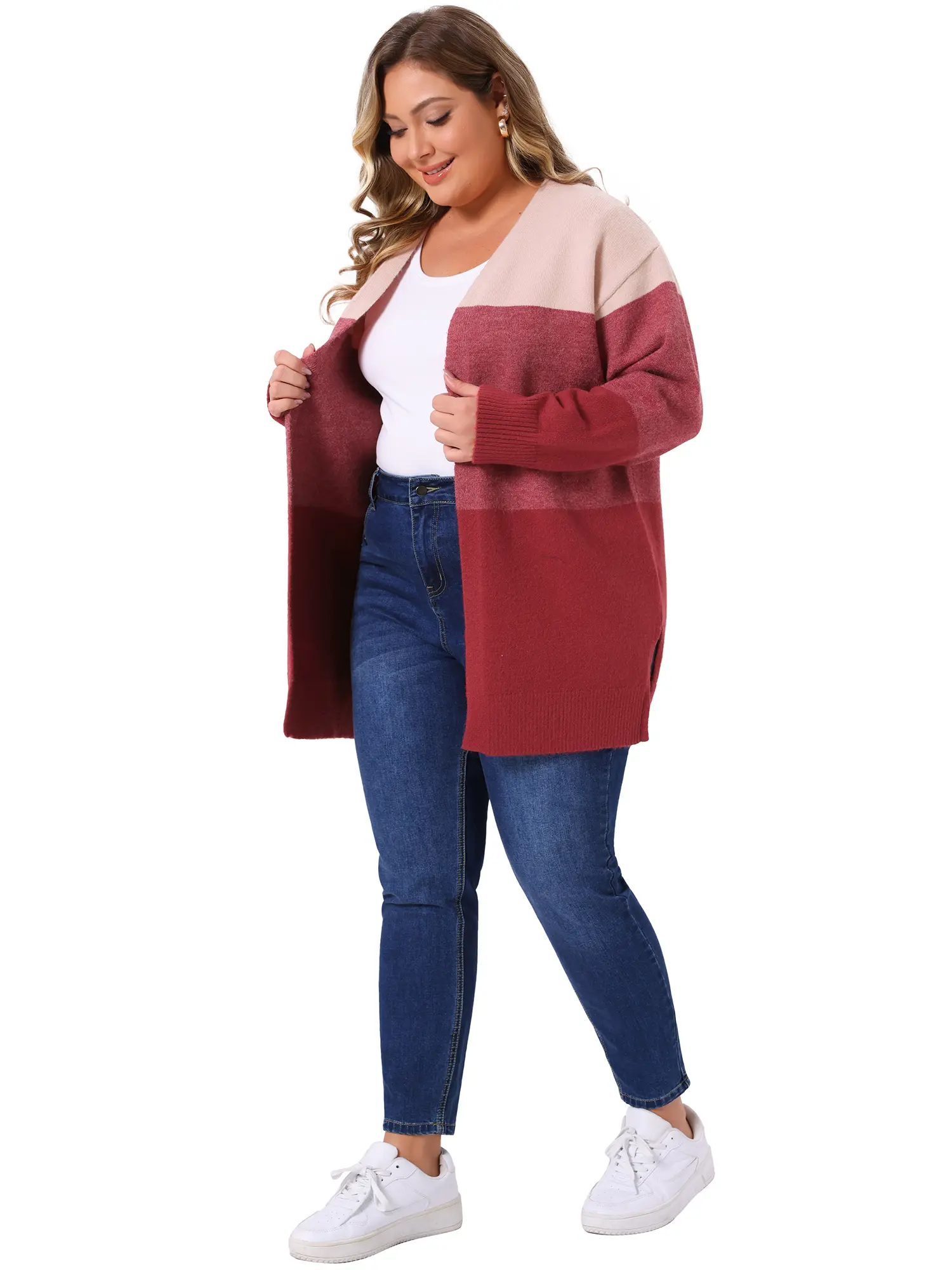 Agnes Orinda Women's Plus Size Cardigan Sweaters Striped Color Block Open Front Coatigan Chunky Knit Sweater Coats