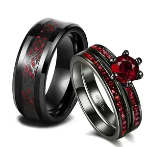 Dragon Couple Ring Set for Men & Women – Black Stainless Steel Band with Red CZ Stone Matching Wedding Rings